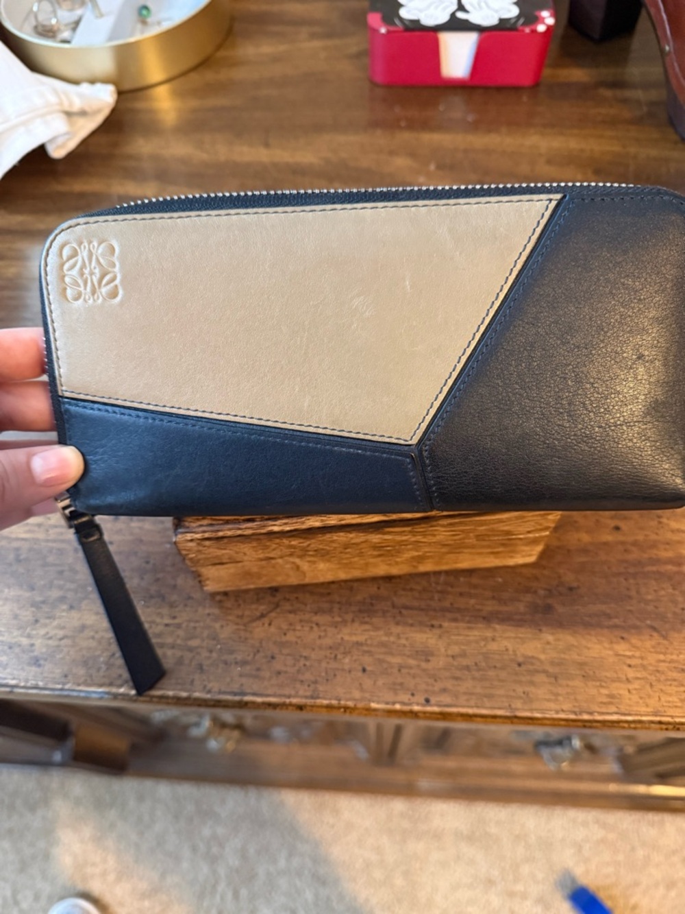 Loewe Two-Tone Leather Zip Wallet in Black and Beige
